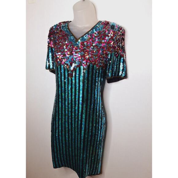 Vintage 80's La Scala Beaded Sequined Evening Dress Silk Party M Striped Glam - Picture 2 of 16
